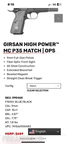 1911 clone Girsan MC P35 MATCH
